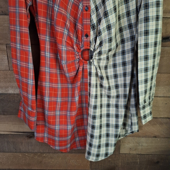 Akira Mixed Media Plaid Rushed Waist Button Front Dress Sz SMALL - Picture 3 of 7